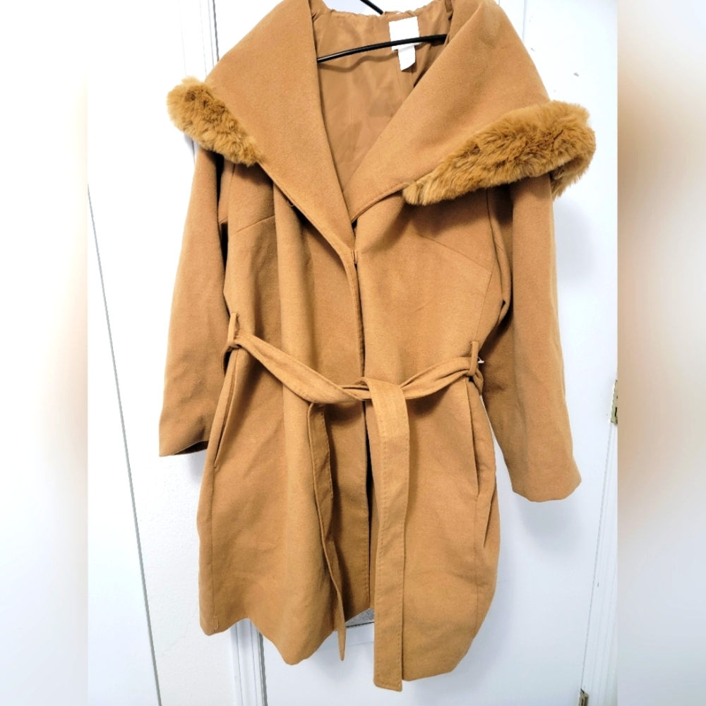 H&M faux fur collar, hooded coat with buttons and belt, dark beige, size xxl